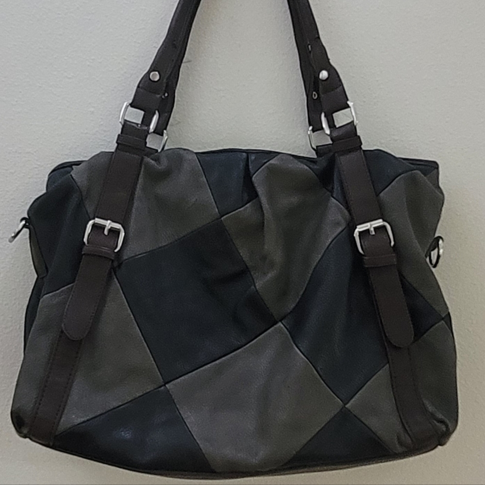 Beiyani Black/Grey Leather Zipper Divided 3 Interior Pockets 1 Exterior Pocket